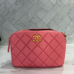 CHANEL Pink Quilted Lambskin Crossbody Camera case bag with Gold CC